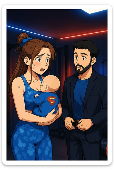 ispirati a questo stile di disegno e fai questa immagine in versione manga/webtoon a colori, il manga mostra la donna preoccupata con un neonato in braccio con una tutina azzurra e la scritta "S" sulla schiena, la donna gli sta facendo una domanda all'uomo, ma non fare i fumetti, fai come se stessero parlando sticker