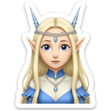 a girl elf with very long blond hair and a twisted headpiece, she's got pointy ears and a blue/silver dress sticker