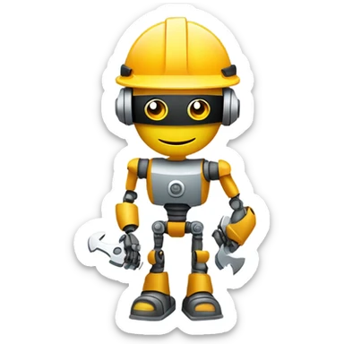 A friendly robot wearing a construction helmet and holding a wrench. Geometric design with rounded edges and a pleasant expression, shown from 3/4 angle in motion. sticker