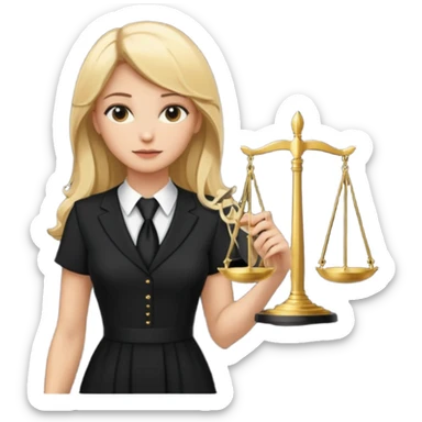 woman lawyer blanche et blonde habillée avec une robe noire longue et une cravate blanche, avec la balance de la justice derrière elle sticker