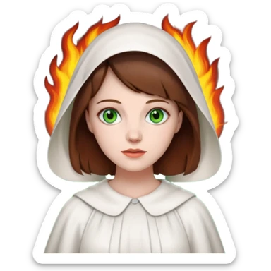 Handmaid woman with brown hair and green eyes. Only head. Background fire sticker