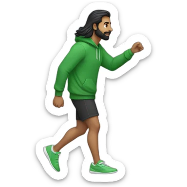 an indian man wearing a green sweatshirt, long hair, buzzed beard, black shorts, walking, side profile, one hand raised slightly up to waist level sticker