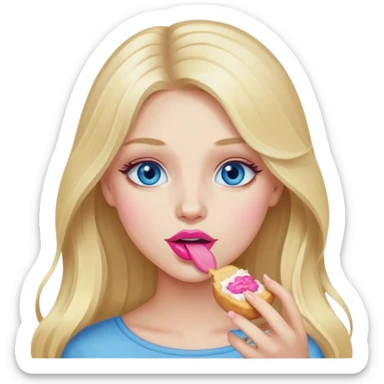 Cinematic realistic blonde with long hair, blue eyes and pink lips eats  sticker
