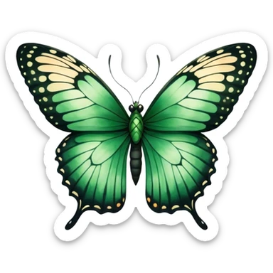 A majestic emerald-green butterfly with wide, intricately detailed wings, painted in a soft watercolor style. The edges of the wings fade into deep black, creating a striking contrast against a warm beige background.
 sticker