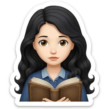 Long Hair Women with Book, Black wavy hair, sad

 sticker