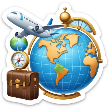 An icon featuring a hotel building, and a globe, symbolizing the scientific study of tourism and hospitality. The design includes a map, a plane and train, a compass, and a checklist, representing travel planning and service management. Transparent background sticker