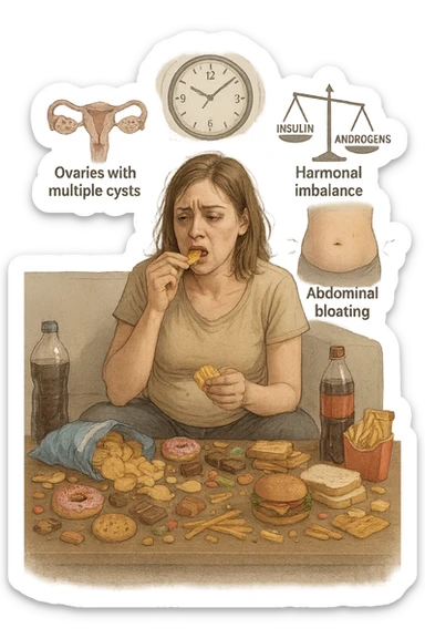 Donna tra i 25 e i 35 anni seduta sul divano o a un tavolo disordinato, circondata da cibi sparsi e poco sani: patatine, dolci, pane bianco, snack confezionati, bibite. Mangiando di fretta, ha un’espressione stanca e frustrata. Intorno a lei, in trasparenza o come illustrazione simbolica, si vedono gli effetti della PCOS peggiorata: ovaie con cisti multiple, squilibrio ormonale (↑ insulina, ↑ androgeni), gonfiore addominale. Sullo sfondo, orologio che corre o caos visivo che comunica disorganizzazione alimentare. Colori spenti e atmosfera stanca. Stile realistico con elementi simbolici e informativi. sticker