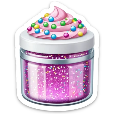 silver glitter in a small clear circular container with white lid, can of sprinkles, and pink cupcakes (all isolated)  sticker