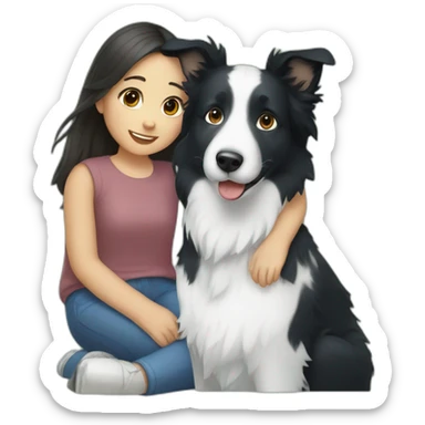 A girl sits with a adult Blue and white border collie sticker