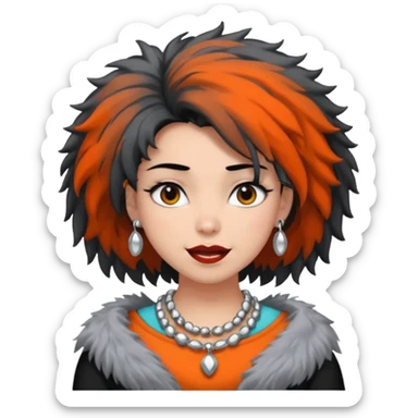 Female with very big Silver Necklace, grey skin,Black full fuzzy hair, more bright silver,highlight necklace, different expressions. sticker