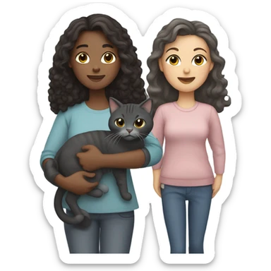 Family emoji, one woman with straight dark brown hair, one woman with curly long dark hair holding a dark grey cat and a grey tabby cat  sticker