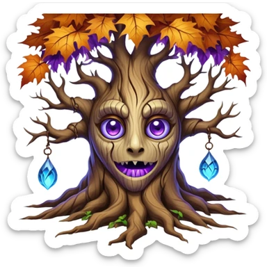 An ancient, psychic tree evolves by absorbing the essence of fallen autumn spirits, sprouting a radiant leaf, channels both forest wisdom and fiery seasonal magic through its gnarled. Purple eyes, blue eyes sharp teeth, bark wood skin, heterochromatic eyes sticker
