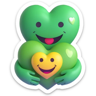 green smiley hugging a green heart sticker