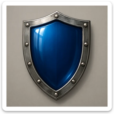 shield facing directly forward, deep blue shiny glass-like center, metallic border, no symbols, no sword, match the style and perspective of the reference image sticker
