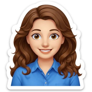30 yr old italian woman, long brown wavy hair, big brown eyes, huge smile, bright blue shirt, no bangs, a bit chubby sticker