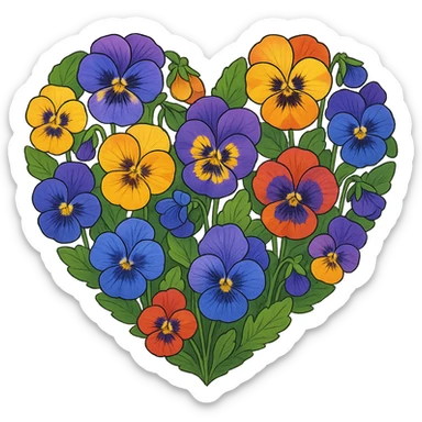 heart with a vibrant pansy garden, clean digital illustration, no background sticker