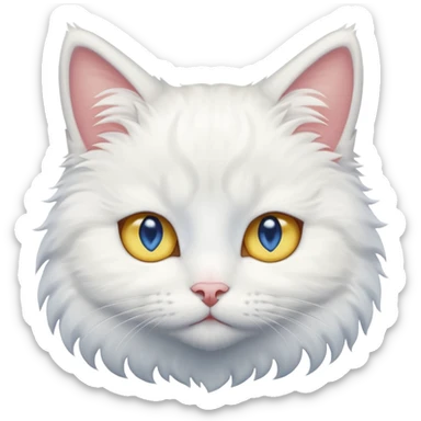 Make me a cute white fluffy cat with one blue eye and one yellow sticker