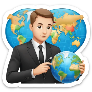 Polish man in a business suit analyzing global strategy with a world map sticker