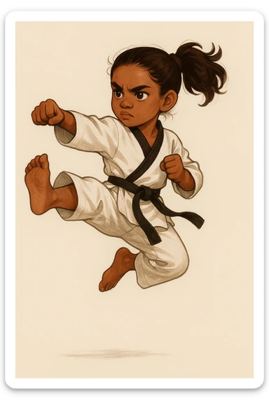 brown-skinned girl with brown hair in a ponytail mid-air taekwondo kick, determined look, martial arts outfit, plain background sticker