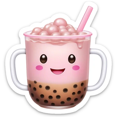 Cute Kawaii Boba Tea Cup, with a happy smiling face, chubby round shape, pastel pink and brown colors, soft glowing highlights, adorable tapioca pearls floating inside, sparkling eyes full of joy! sticker