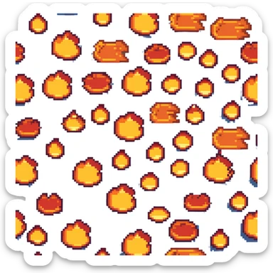 Bomberman horizontal explosion tile, flames extending left to right across full width, bright orange and yellow core with red edges, flames about 60% of tile height, centered vertically, flame wisps details sticker