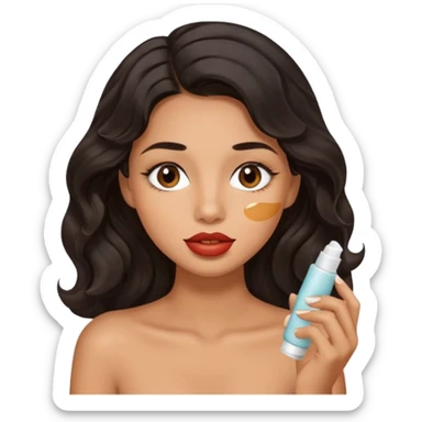 A gorgeous with black wavy hair women applying cute thin lipbalm on her brown lips sticker