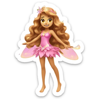 Flora the adult latina fairy of nature in her enchantix fairy pink clothing and fairy enchantix wings and long light brown hair from winx club. Small eyes, Lots of sparkles and fairydust. Full body and full fairy bliss sticker