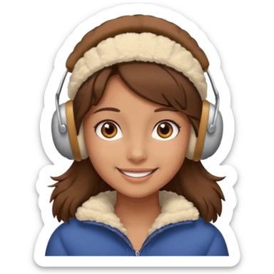 A girl wearing beige ear muffs, tan skin, brown hair, brown eyes smiling sticker