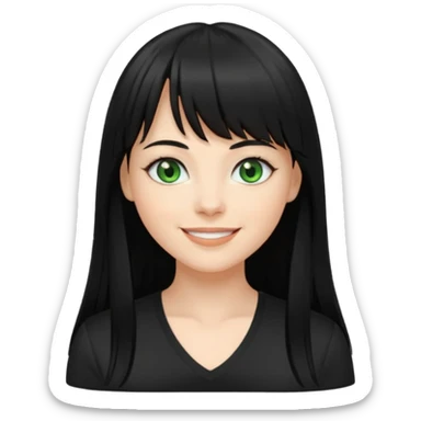 A white woman with Long straight hair with bangs, black hair, green eyes and a black low-cut shirt smiling sticker
