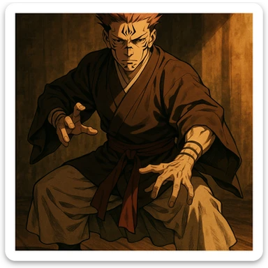 Ryomen Sukuna, Heian era, no smile, Ryoi Kenkai stance, traditional clothing, dramatic lighting, anime style sticker