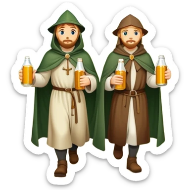 medieval pilgrims walking on a journey path with cloaks and beer bottles sticker