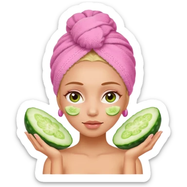 Girl with pink towel in hair cucumber slices on eyes  spa sticker