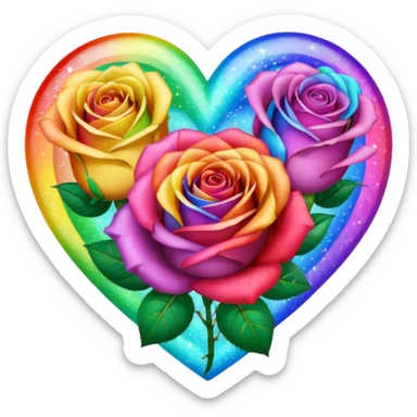 Rainbow heart with rainbow colored roses & sparkles sticker