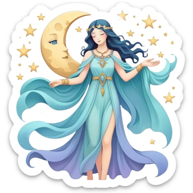 Mystical tarot card with flowing clothing silhouette, ethereal fashion symbol with stars and moon elements sticker