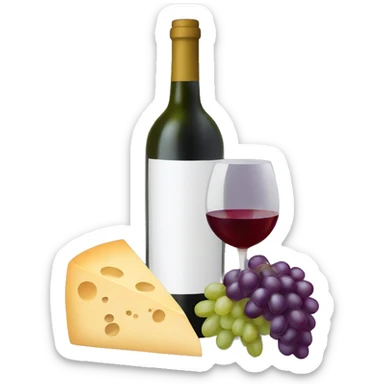 wine bottle with wine glass and grapes and cheese sticker
