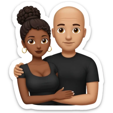 A picture of a tanned couple with the man's arm around her. the man is a Mexican man with tanned skin, a bald hair cut, short beard and wearing a black shirt. the woman is mixed, with curly dark brown hair in a big bun and with big boobs  sticker
