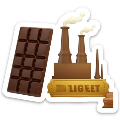 chocolate bar next to a factory next to a golden ticket sticker