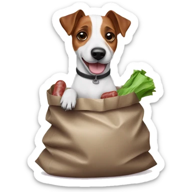 Jack Russell Terrier holds a garbage bag with sausages in his paws sticker