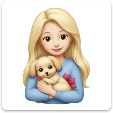 smiling woman with pale skin and long blonde hair hugging a small dog sticker