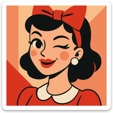 coquette with red lips, winking, wearing a bow, vintage-inspired style sticker