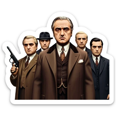 A vintage movie poster-style design featuring Don Vito Corleone surrounded by gangsters with Tommy guns. Include a dark, moody noir atmosphere with skyscrapers of New York in the background. The scene should be tense and mysterious, with a retro cinematic feel. Transparent background. sticker