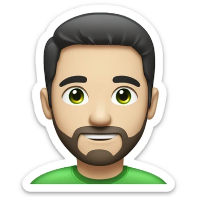 Handsome man with dark hair, with a keyboard computer on the image, gradient short hair on the side, green eyes. Thin face. Black t-shirt. A little beard. sticker