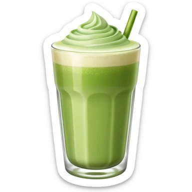 matcha latte in a glass tumbler, green drink with frothy surface sticker