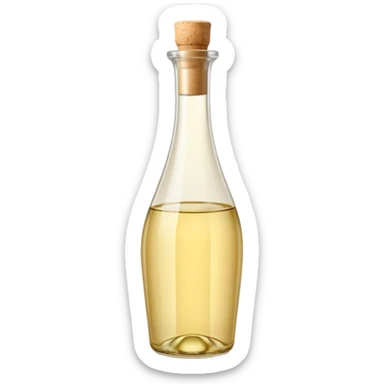 elegant tall glass bottle of white wine vinegar, pale golden clear liquid, smooth curves, narrow neck, light beige cork or cap, no label or branding, soft lighting, subtle shadows, emoji scale sticker