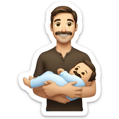handsome smiling brunette man with mustache holding new baby sticker