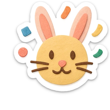 Refine the bunny and confetti edges for a visually good looking and well-shaped appearance, ensure all elements are clean and crisp with a transparent background. No shadow, keep the paper-craft style. sticker