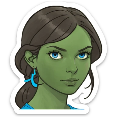 Brunette lady with blue eyes with breast and two men standing behind sticker