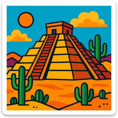 Mexican pyramid with cacti and desert background in vibrant toon style sticker