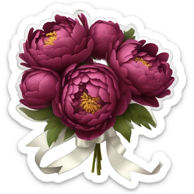 Big bouquet of burgundy peonies with a white satin ribbon sticker