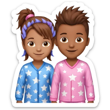 4 year old brown spikey haired boy with blue pajamas with stars on them and a 1 year old brown haired pony tail girl with pink pajamas, and stars on them with light skin. Top left on, can you make them smile more?  sticker